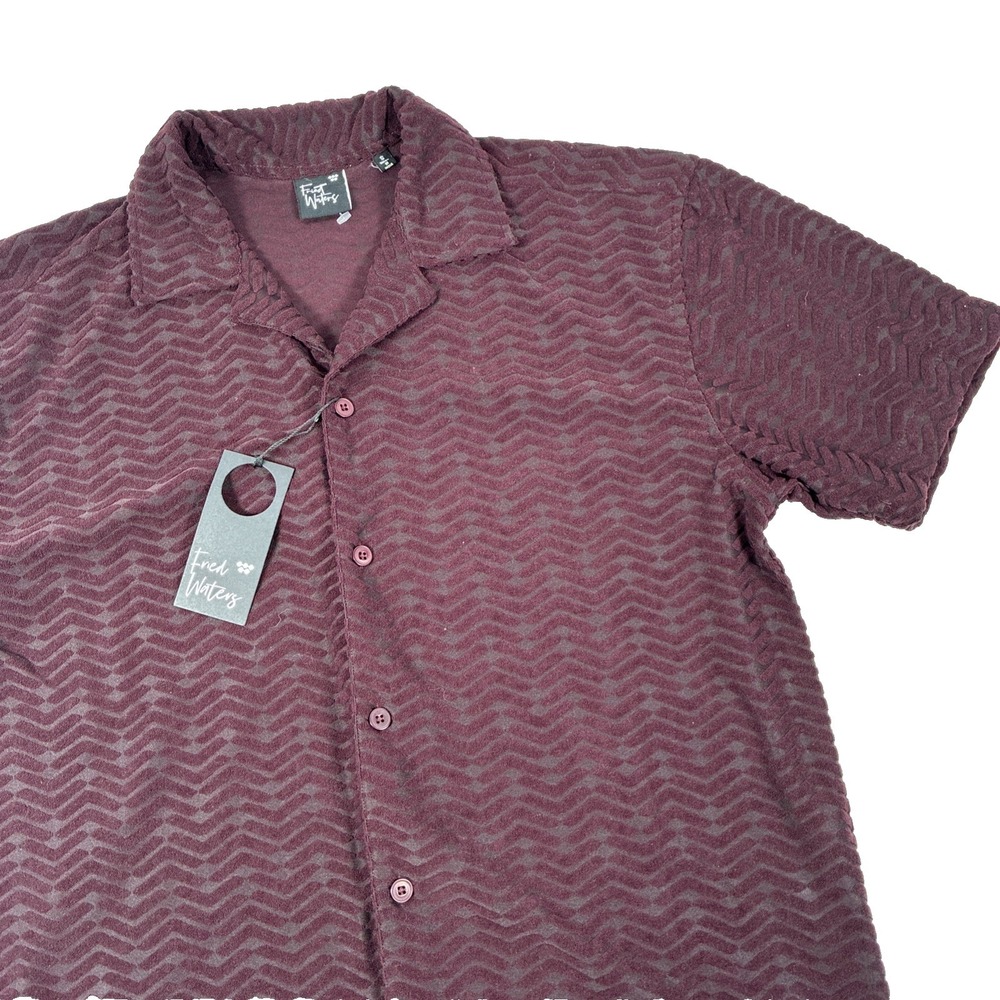 Fried Waters Mens Chevron Camp Shirt Small Burgundy Short Sleeve Button Up NWT